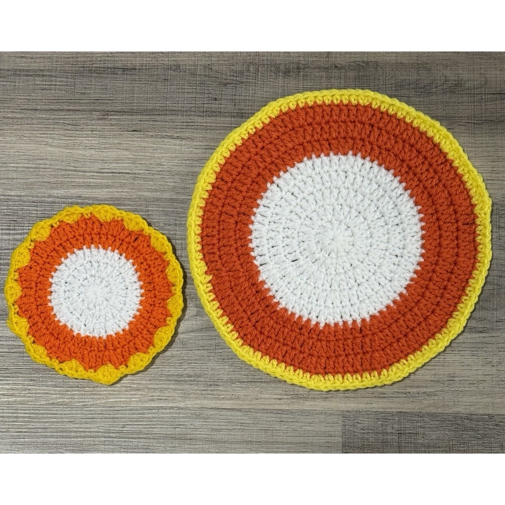 Handmade USA Crocheted Doily Coaster Candy Corn Halloween Fall Decor 2 Piece